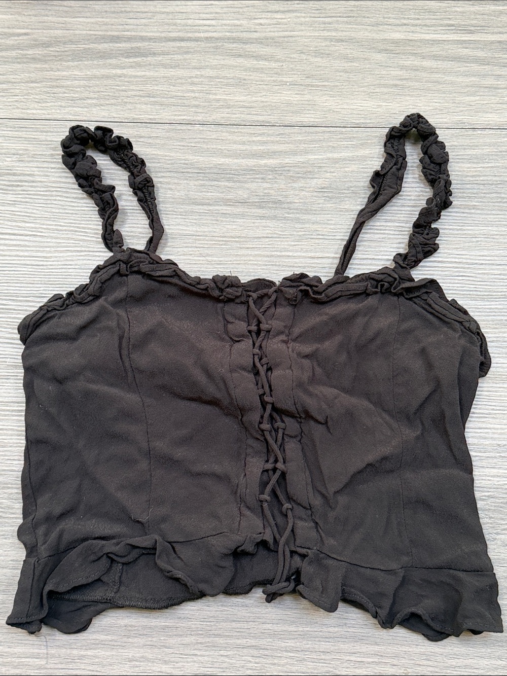 H&M Black Braided-Strap Lace-Up Ruffle Hem Crop Top Women Small Gothic Party